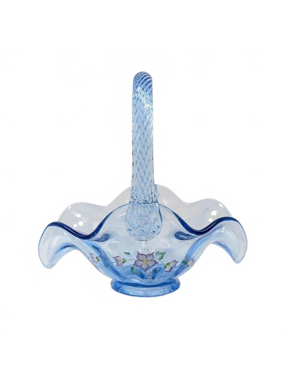 Vtg Fenton Handpainted Floral Blue Glass Basket